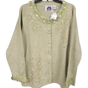 Storybook Knits Cardigan Sweater Green with gold silver embroidery white beads